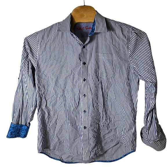 Robert Graham‎ Flip Cuff Dress Shirt Large Men's Long Sleeve Blue White Striped - Picture 2 of 8